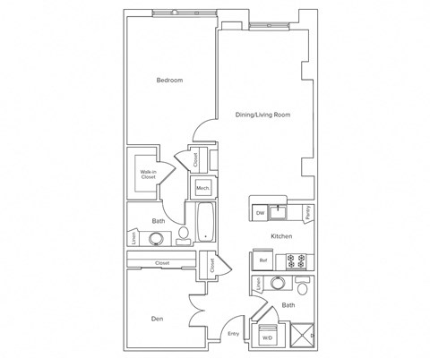 Floor plan for 1 bed, 2 baths, 1006 sqft